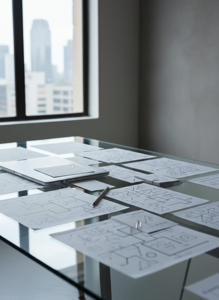 A large, clear glass table seen from a slightly elevated angle, covered with overlapping translucent sheets and index cards, each bearing faint, unreadable diagrams and lines that intersect like a conceptual mind map. Small metal paperclips, a graphite pencil, and a closed laptop sit among the layers, suggesting structured analysis. Cool, diffused daylight from a nearby window creates soft reflections on the glass and subtle shadows beneath the papers, emphasizing their interconnectedness. The background is a minimalist office with neutral tones and a blurred cityscape beyond, adding context without distraction. The photographic image feels analytical yet calm, representing layered thinking about lifestyle choices within culture, law, and philosophical frameworks.