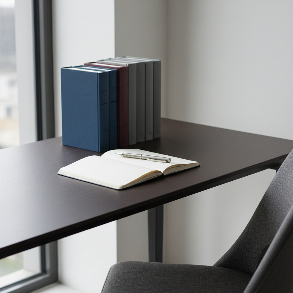 A minimalist modern study corner photographed at eye level, featuring a sleek dark-wood table with three neat stacks of books labeled only by subtle color bands: one deep blue, one muted burgundy, one soft charcoal, symbolizing culture, law, and philosophy. Between them lies an open notebook with blank, cream-colored pages and a finely crafted mechanical pencil resting across the center fold. Soft overcast daylight enters from the left, giving an even, contemplative illumination with gentle shadows under the objects. A simple gray armchair is partially visible, its fabric texture slightly out of focus. The mood is calm, serious, and introspective, with clean lines and photographic realism, suggesting a balanced, professional approach to lifestyle advice grounded in multiple disciplines.