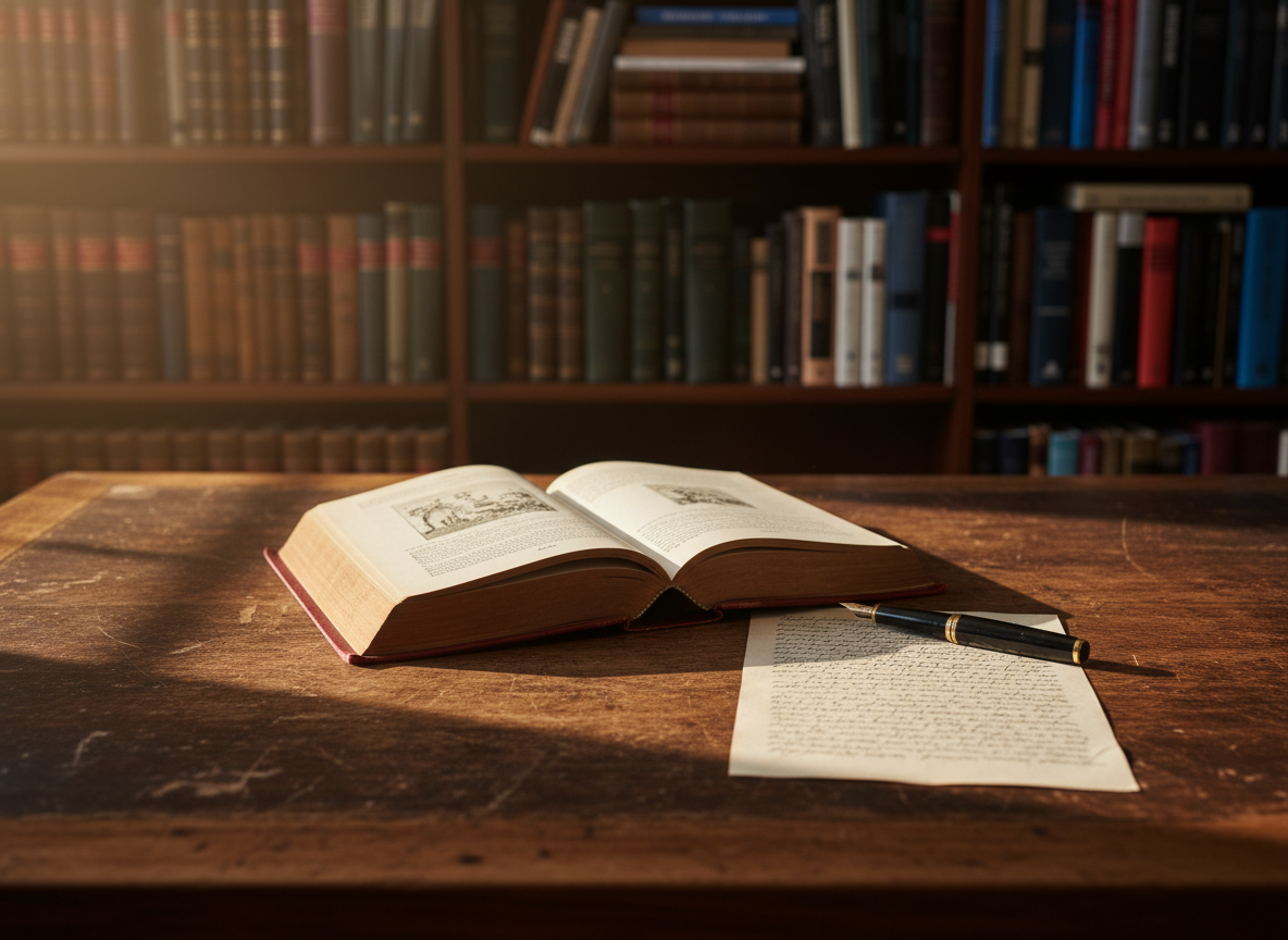 A heavy, well-worn wooden desk viewed from an eye-level angle, its surface neatly arranged with an open hardcover book, a fountain pen, and a single sheet of paper filled with faint, handwritten notes that are not legible. Behind the desk, tall shelves of mixed law texts, philosophy volumes, and cultural studies books rise into a softly blurred background. Late afternoon natural light filters through an unseen window, casting long, contemplative shadows across the pages and highlighting the varied textures of leather spines and paper edges. The mood is thoughtful and serious, with photographic realism and a clean, professional aesthetic, conveying a quiet space for deep reflection on culture, law, and philosophy.